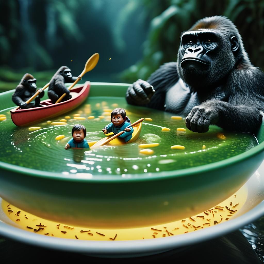 Gorilla Face and Canoe in Soup Bowl