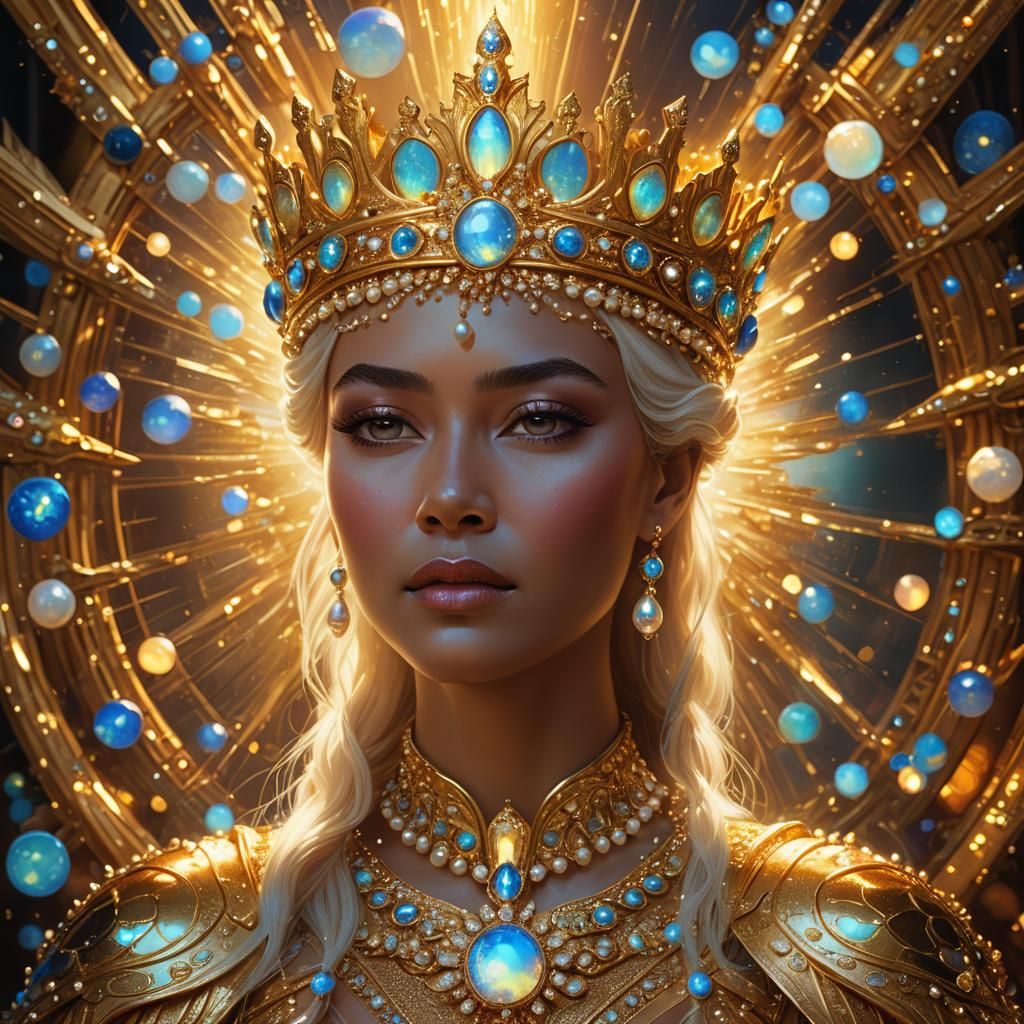 Golden Queen with Crown of Light: Hyperrealistic Portrait