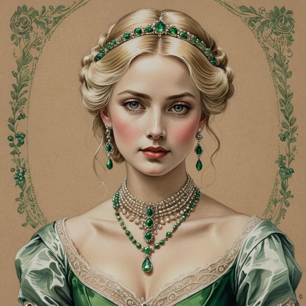 Victorian Blonde in Green Silk: Detailed Pencil Drawing