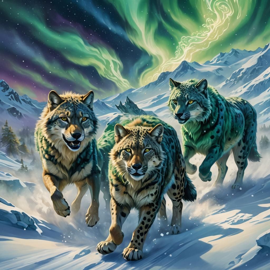 Wolf-Cheetah Hybrid Runs Under Antarctic Aurora