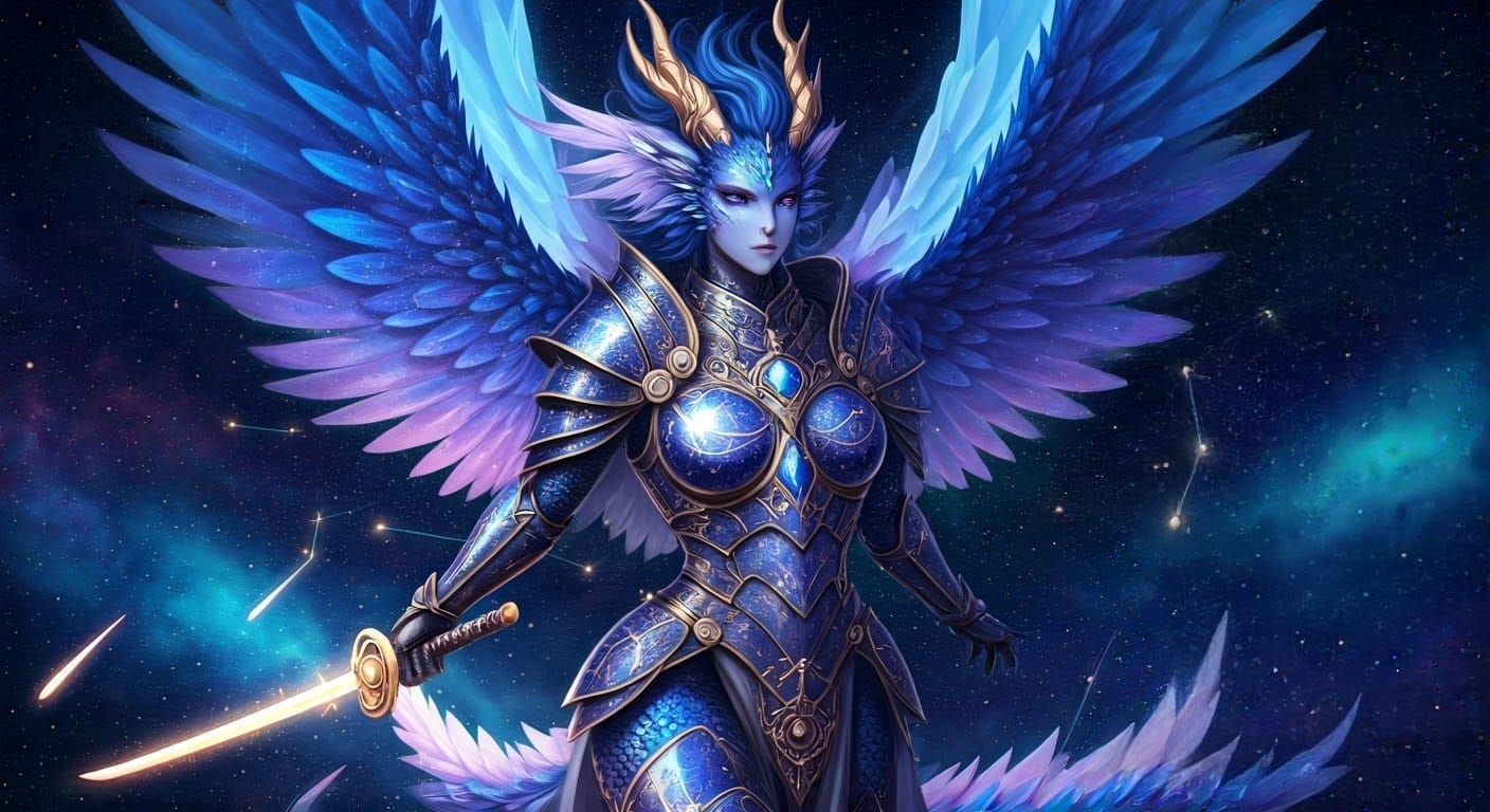 Celestial Dragon-Woman Soaring Through Nebula in Anime Style