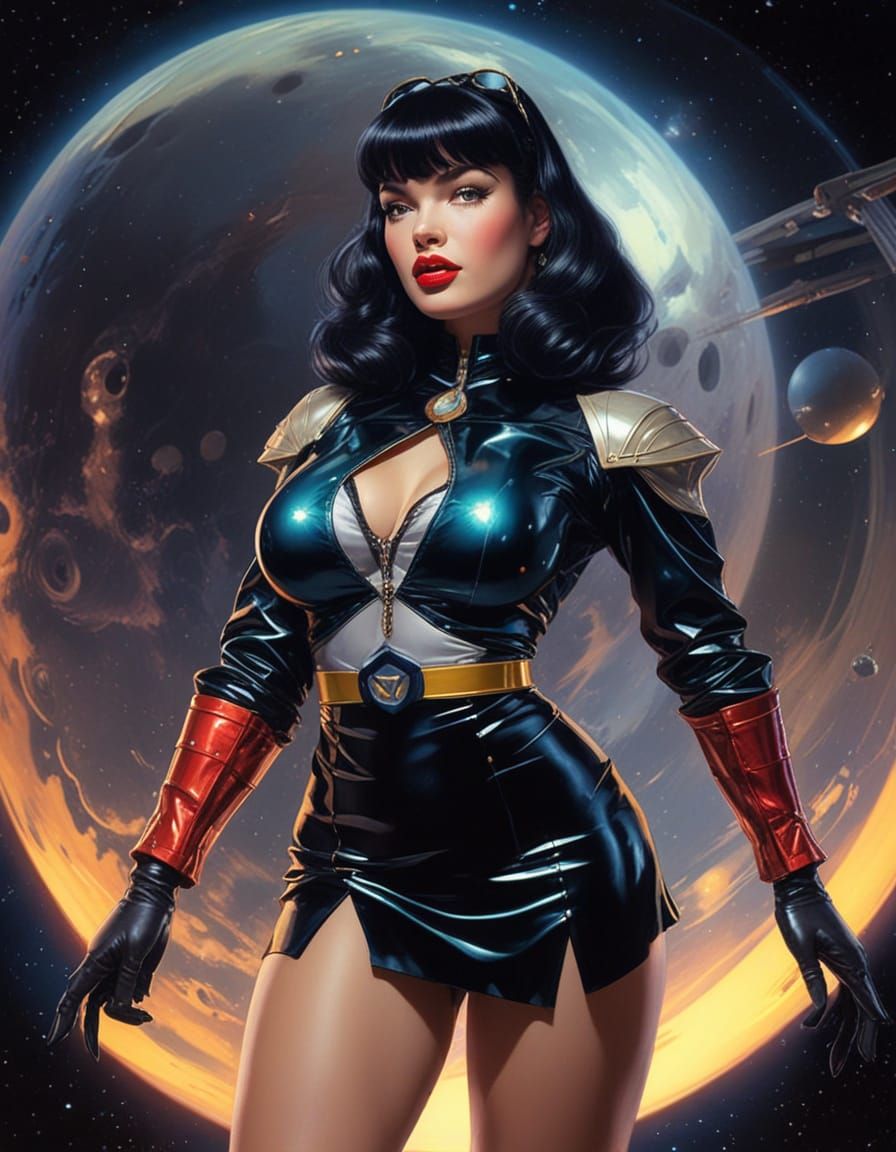 Bettie Page as Space Cadet in Retrofuturistic Atompunk