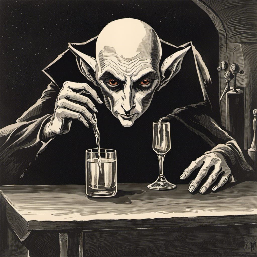 Nosferatu Drinking Mercury: A Gothic Horror Scene