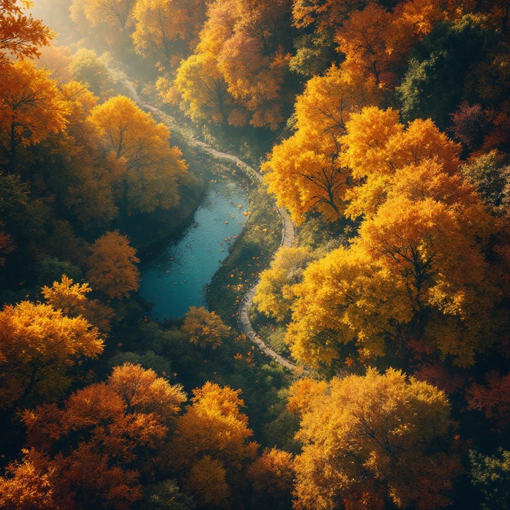 Aerial View of Golden Fall Forest in Splash Art Style