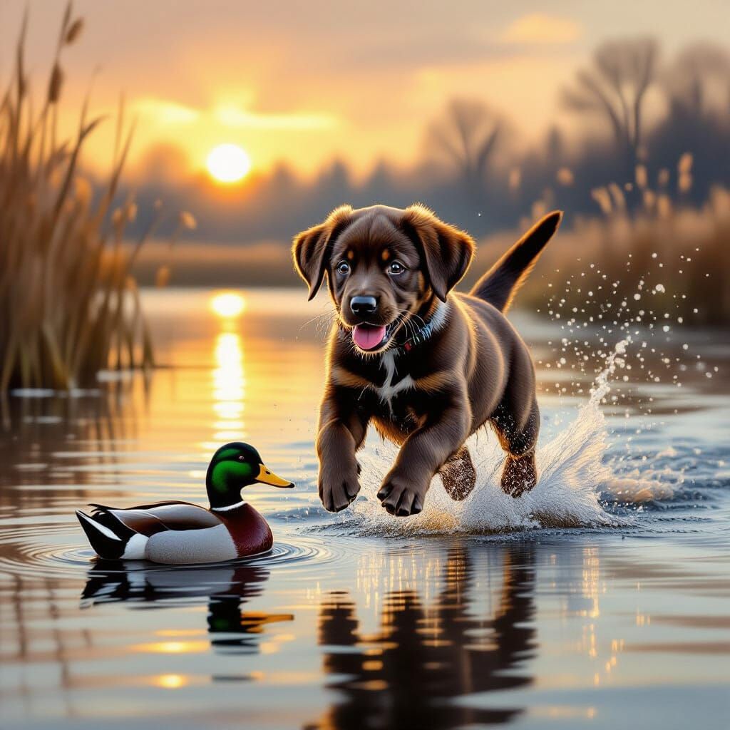 Labrador Puppy Chases Duck on Misty Lake at Dawn