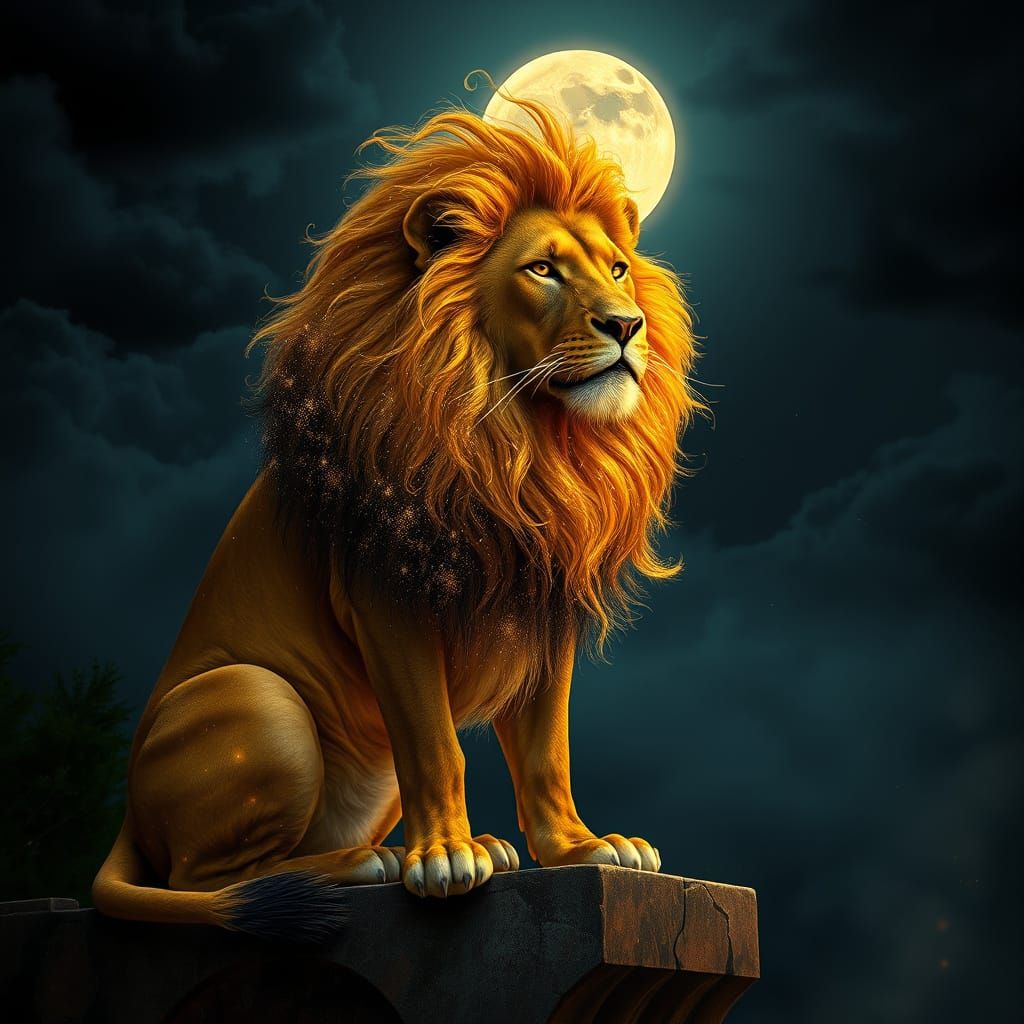 Lion at Midnight Under Full Moon