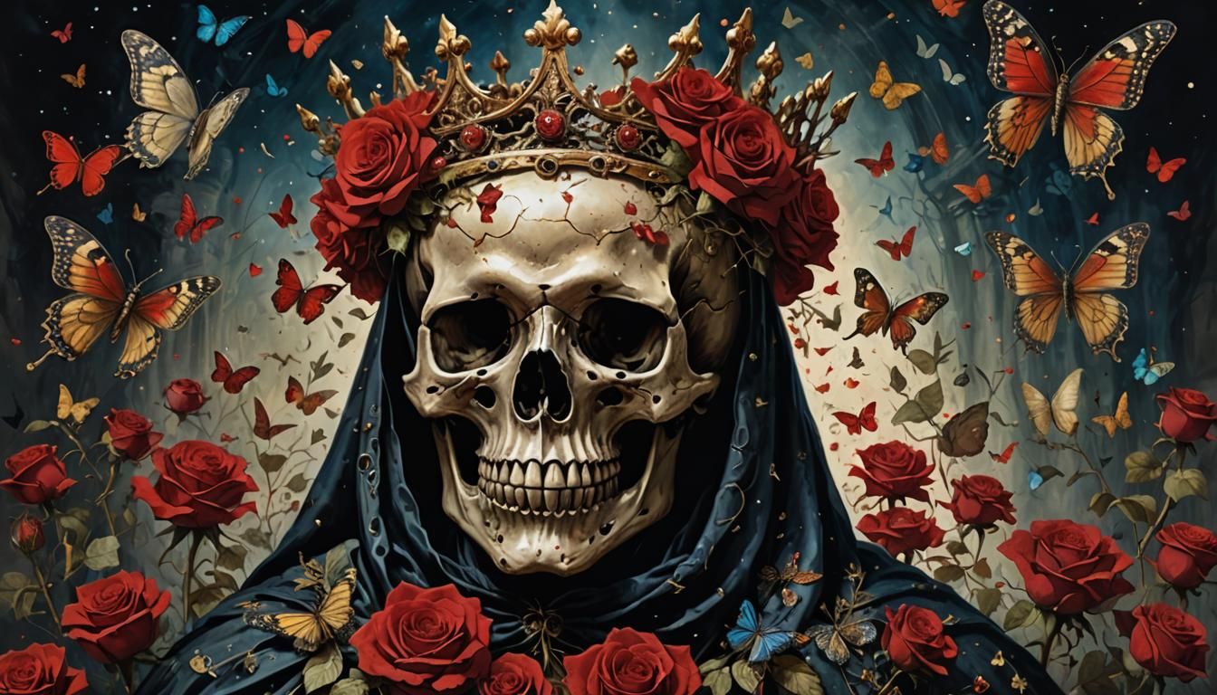 Skull with Crown, Butterflies, Roses in Astral Illustration