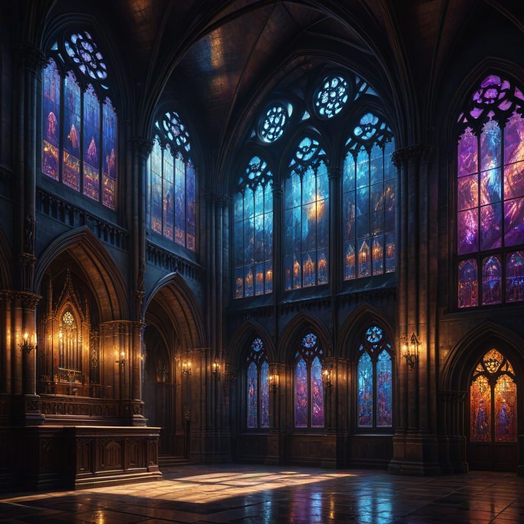 Gothic Cathedral Interior and Exterior in Surreal Oil Painti...