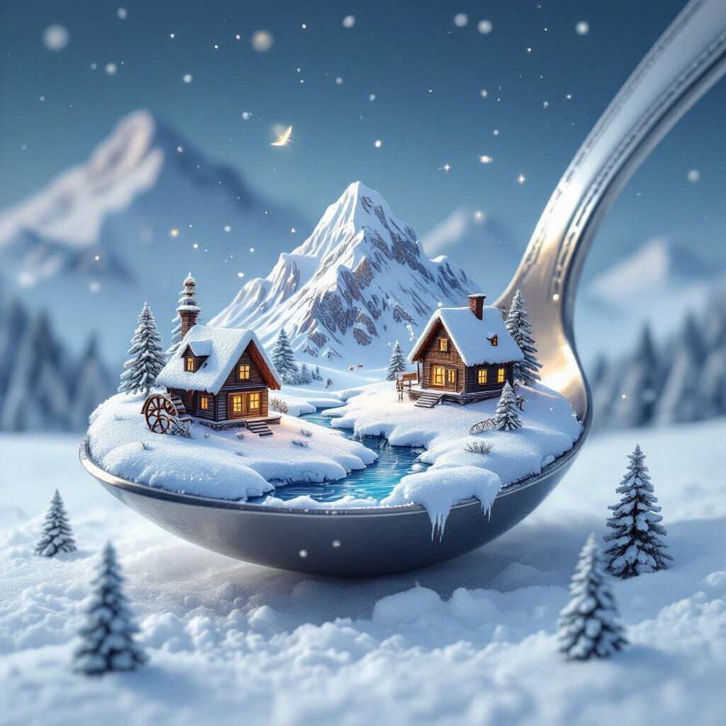 Surreal Winter Landscape Inside a Spoon
