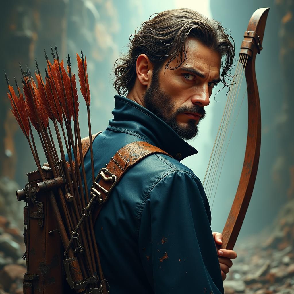 Rugged Bard with Harp Bow in Industrial Fantasy Style