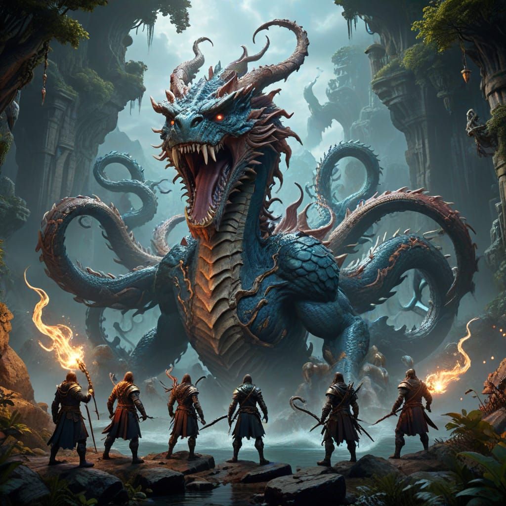 Heroic Fantasy Adventurers Confront a Hydra