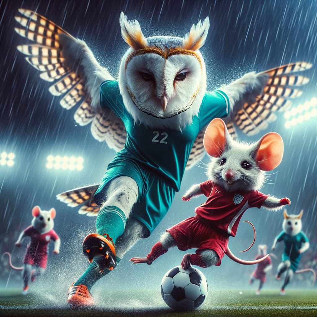 Anthropomorphic Owl Soccer Foul in Rain-soaked Stadium