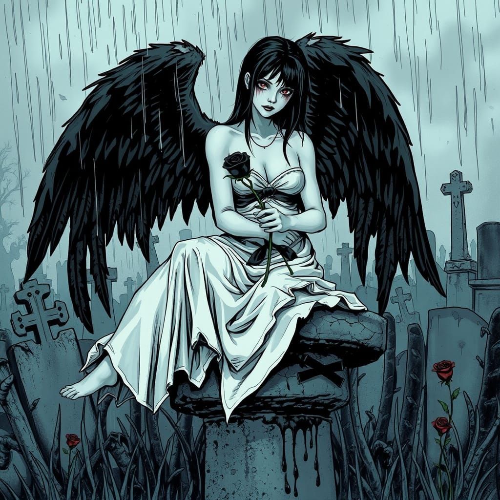 Emo Goth Angel in Desolate Graveyard
