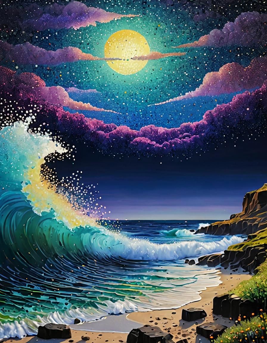 Pointillist Moonrise Over Rough Sea Landscape