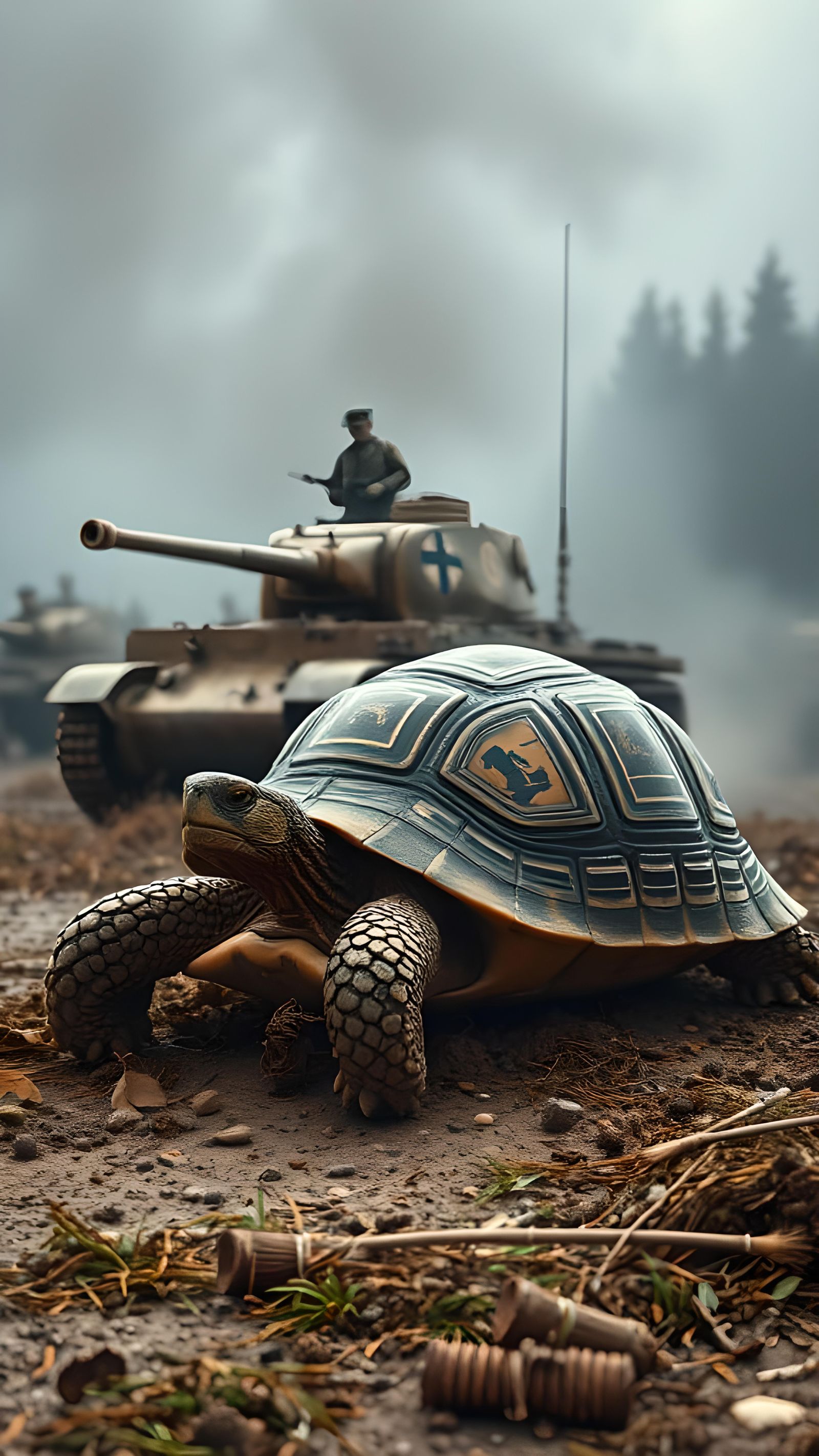 Tortoise and Tank on WWI Battlefield