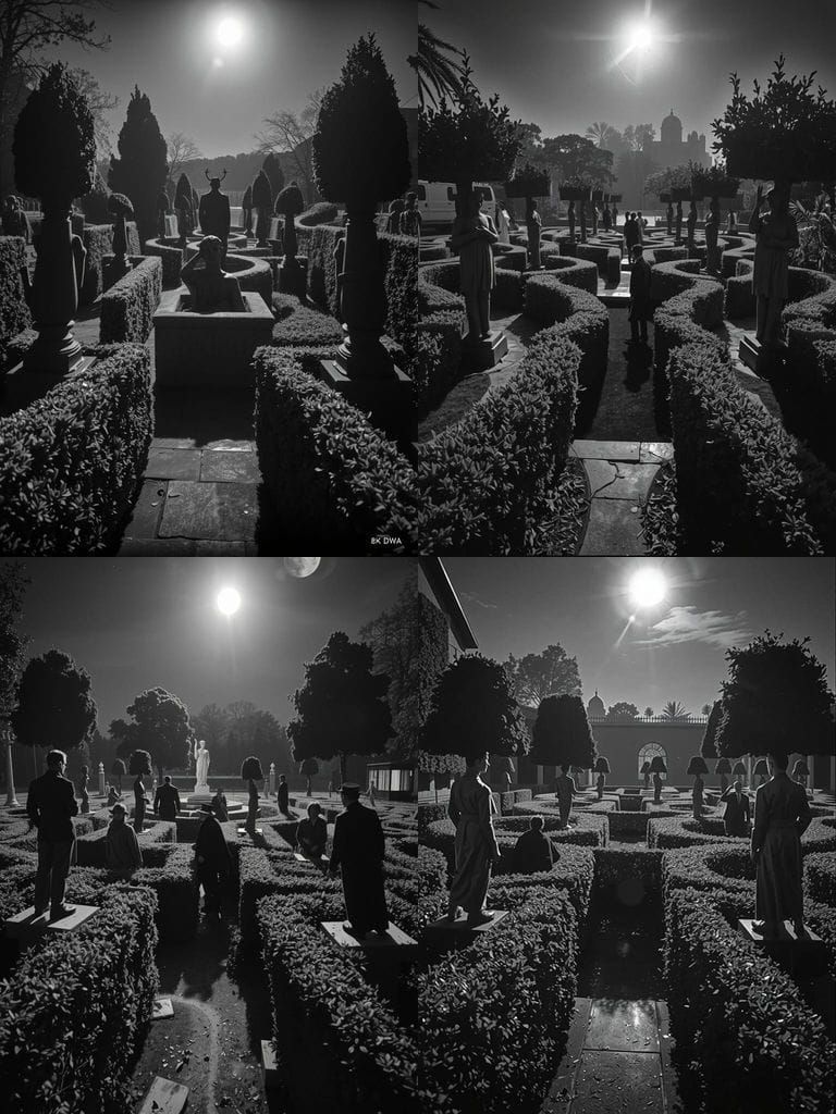 Eerie Moonlight Maze in Film Noir Style