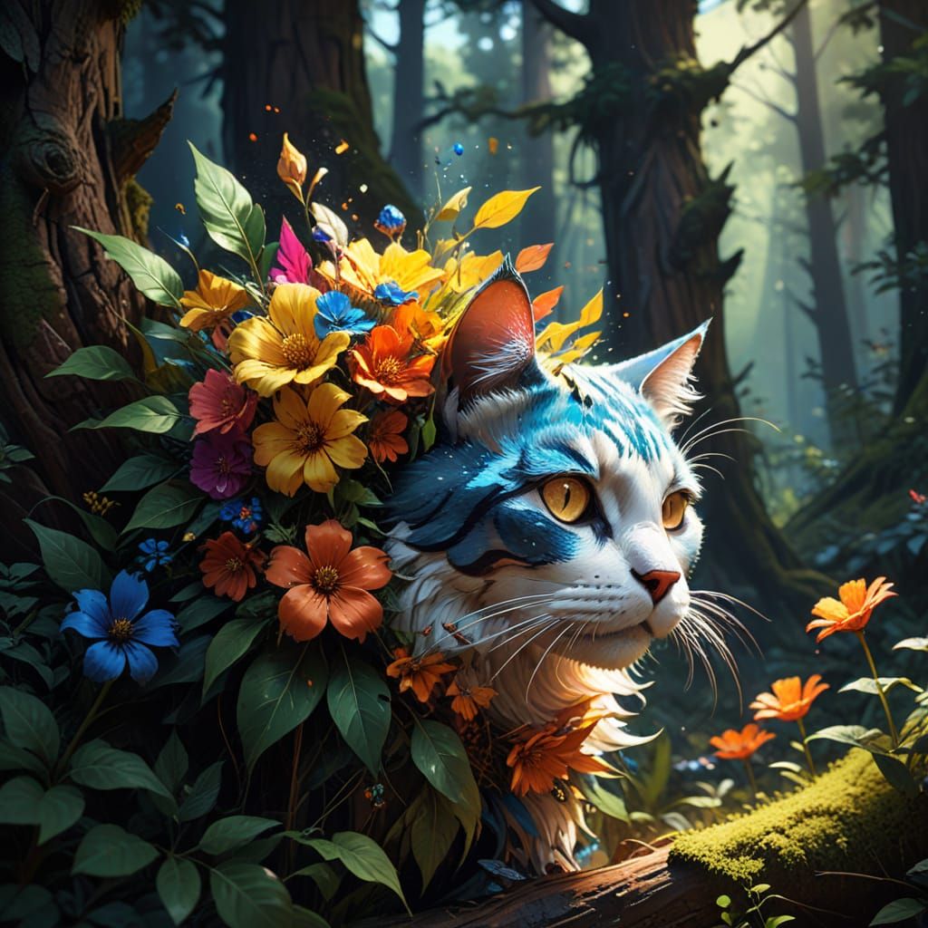 Surreal Pop Art Portrait of a Feline Face in a Whimsical For...