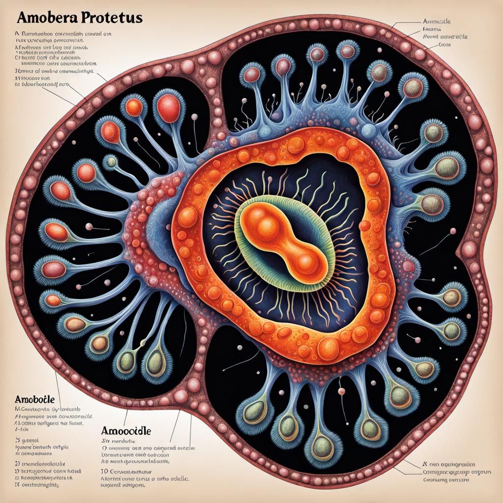 Detailed Crayon Etching of Amoeba Proteus Diagram