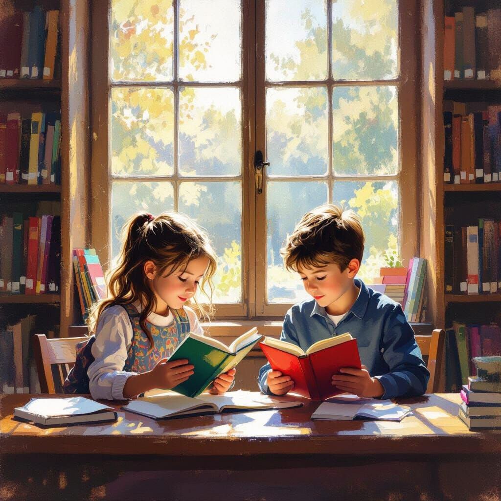 Children Reading in Cozy Library, Impressionist Style