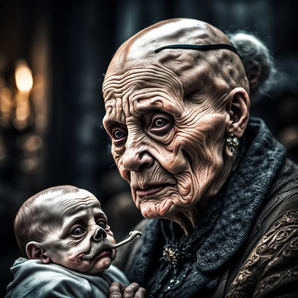 Horrific Old Woman Holding Skeleton Baby