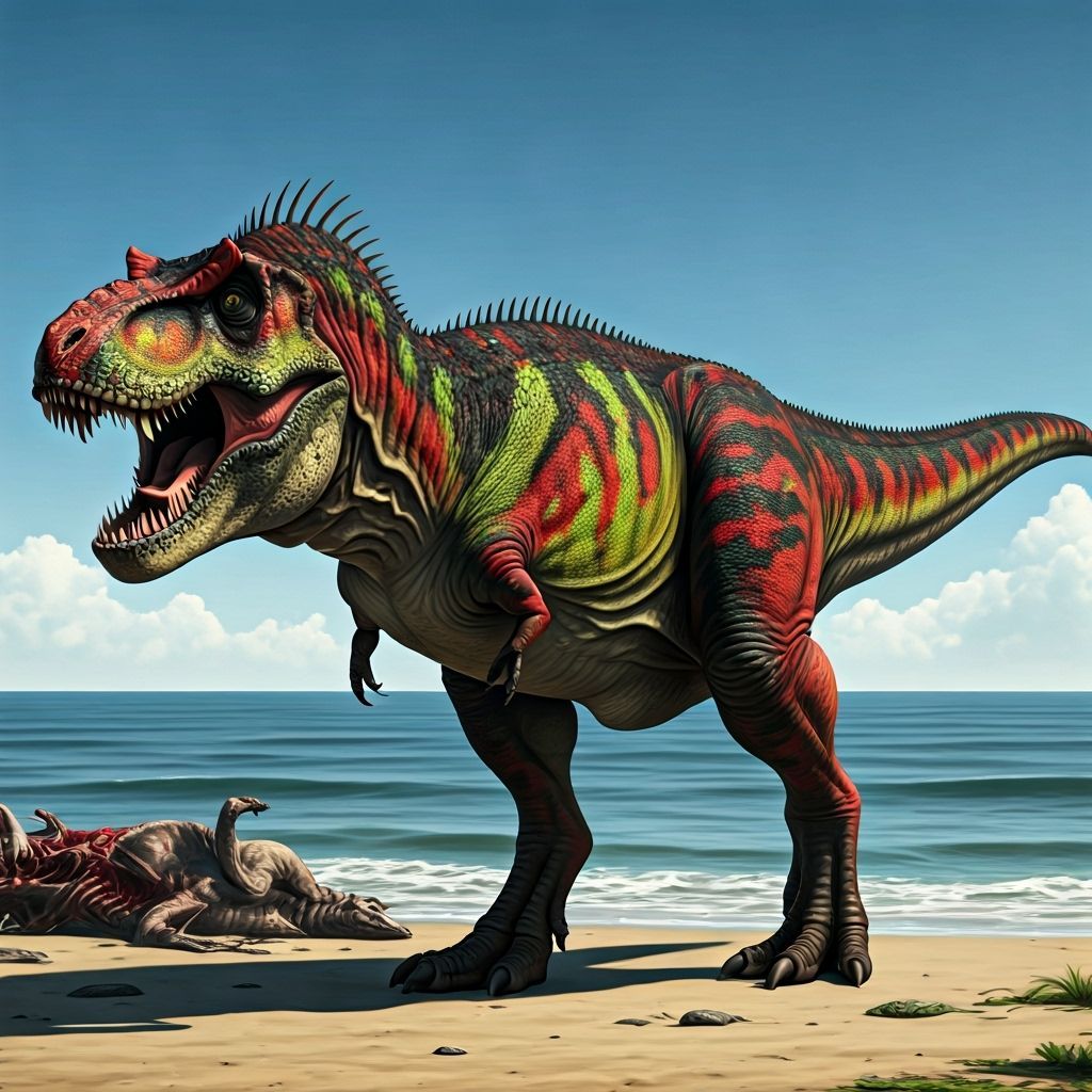 Hyperrealistic Tyrannosaurus Rex on Beach with Prey