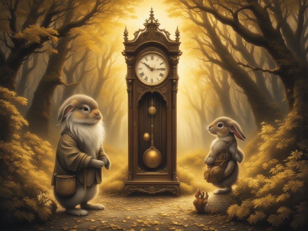 Father Time Rabbit and New Year Baby Clock in Golden Forest