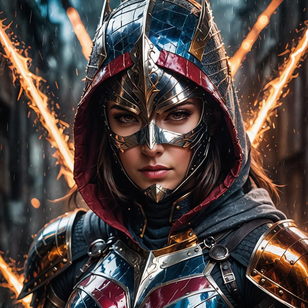 Woman Knight in Mask and Hood: 3D Render