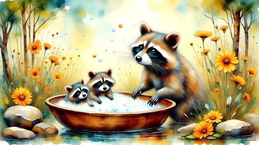 Raccoon Bubble Bath in Sunny Meadow, Watercolor Style