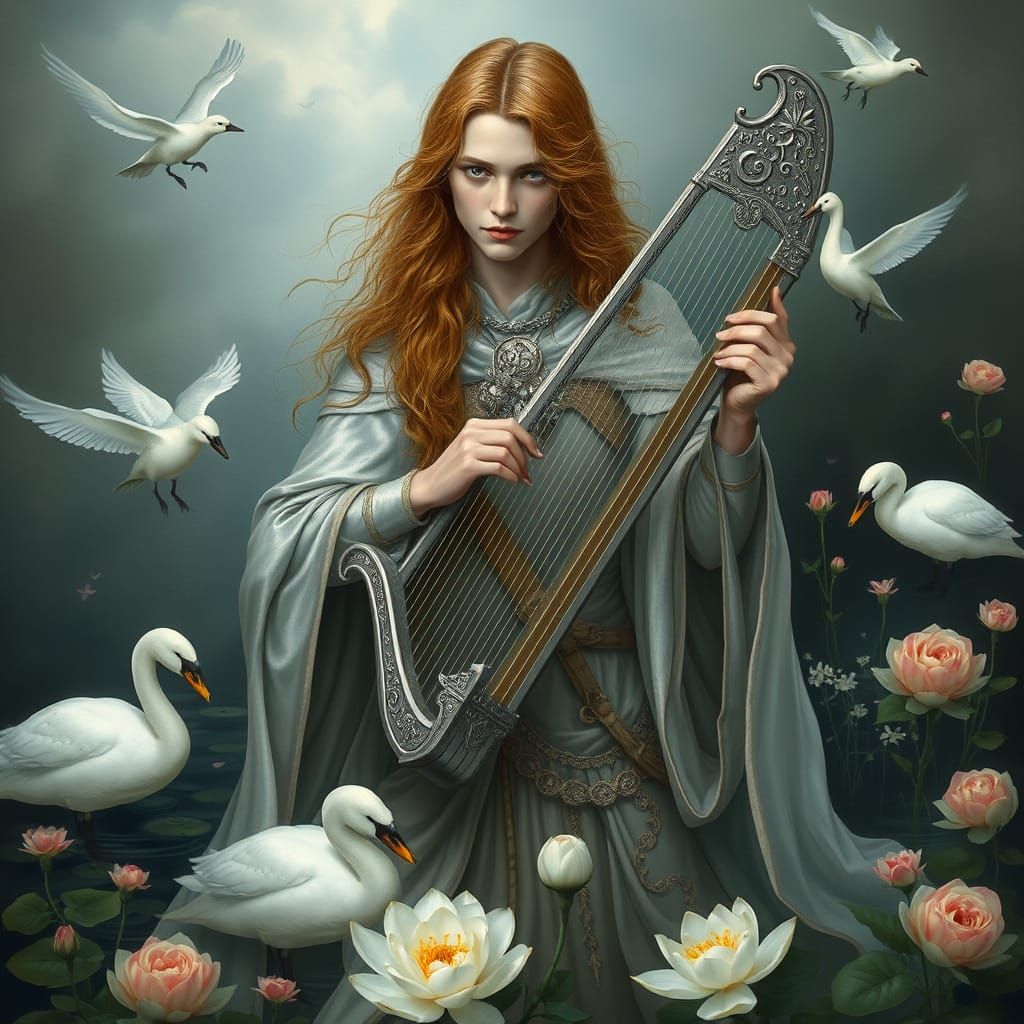 Mystical Androgynous Figure with Birds and Silver Harp