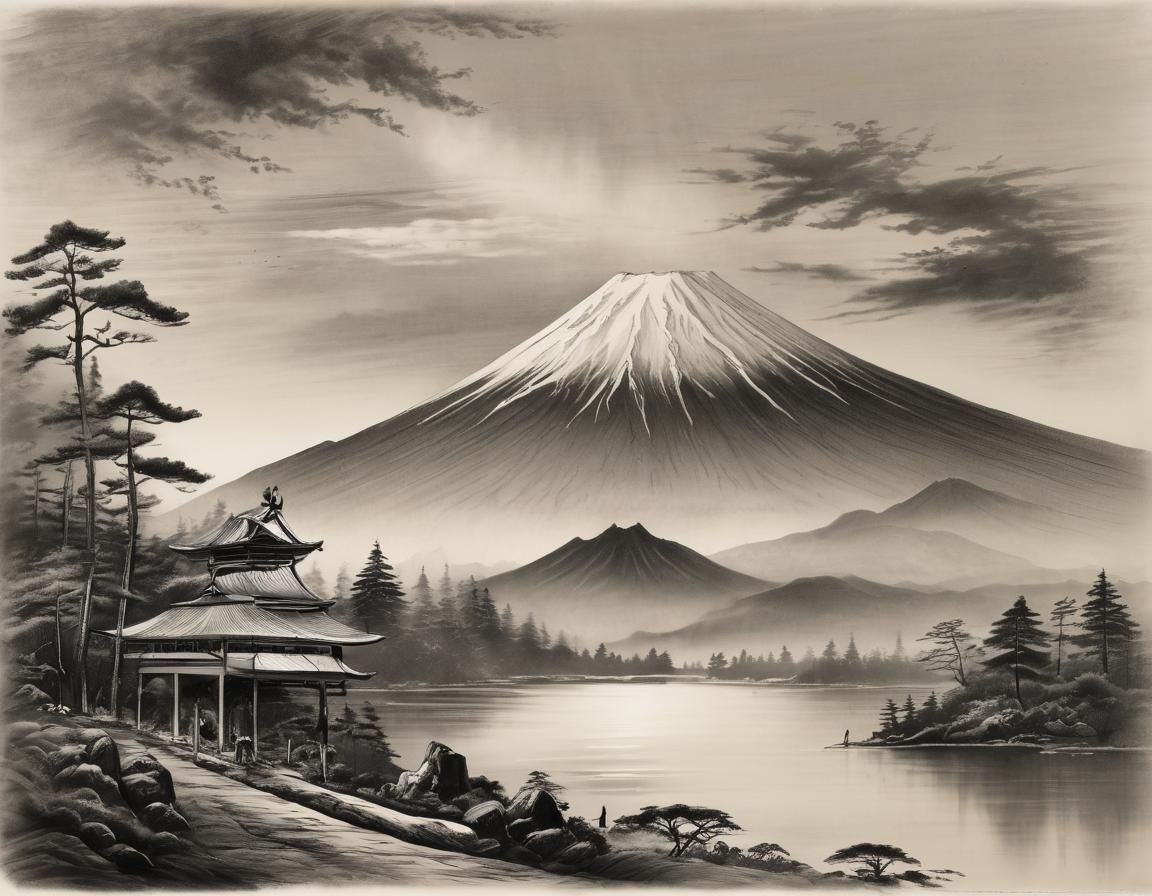 Mount Fuji Charcoal Drawing in Hiroshige Style