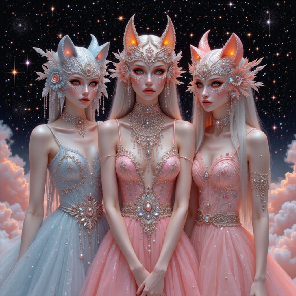 Women in Pastel Goth Dresses and Cat Masks in Surreal Ritual