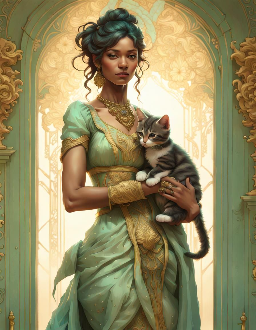 Indian Woman with Kitten in Rococo Gown