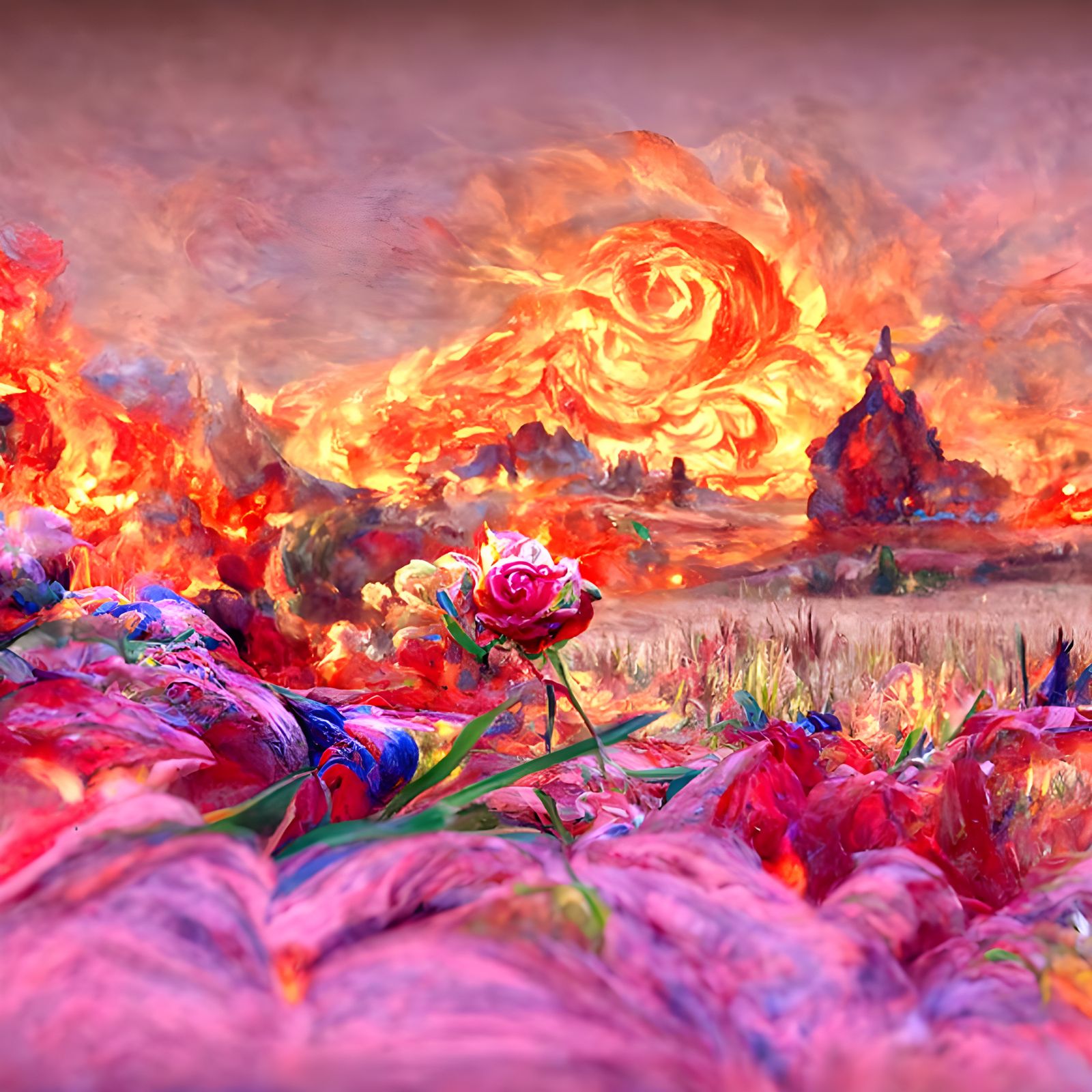 Fiery Sky Over Flower Field: A Digital Illustration