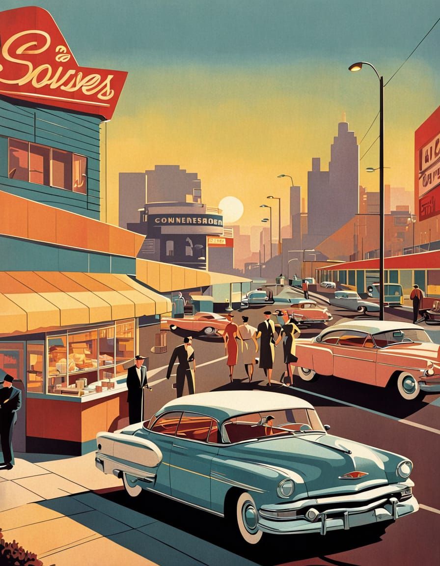 1950s City Street at Sunset in Mid-Century Advertising Style