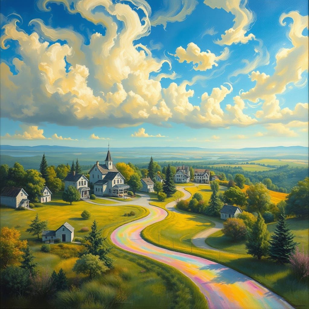 Surreal Village Landscape Oil Painting