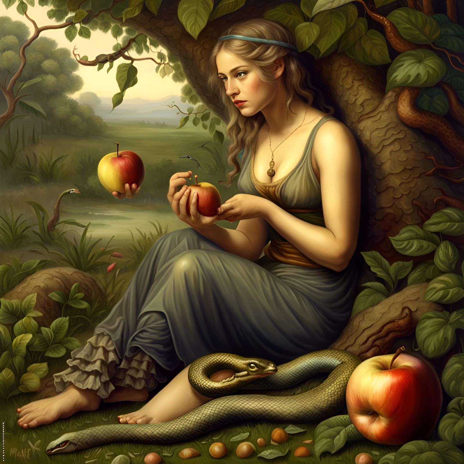 Eve with an half eaten apple with a snake under the Tree of ...