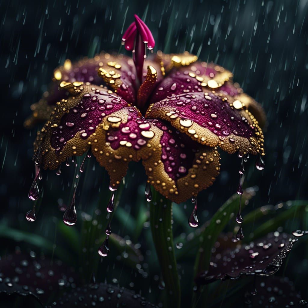 Golden Sweet William Flower in Rainy Digital Painting