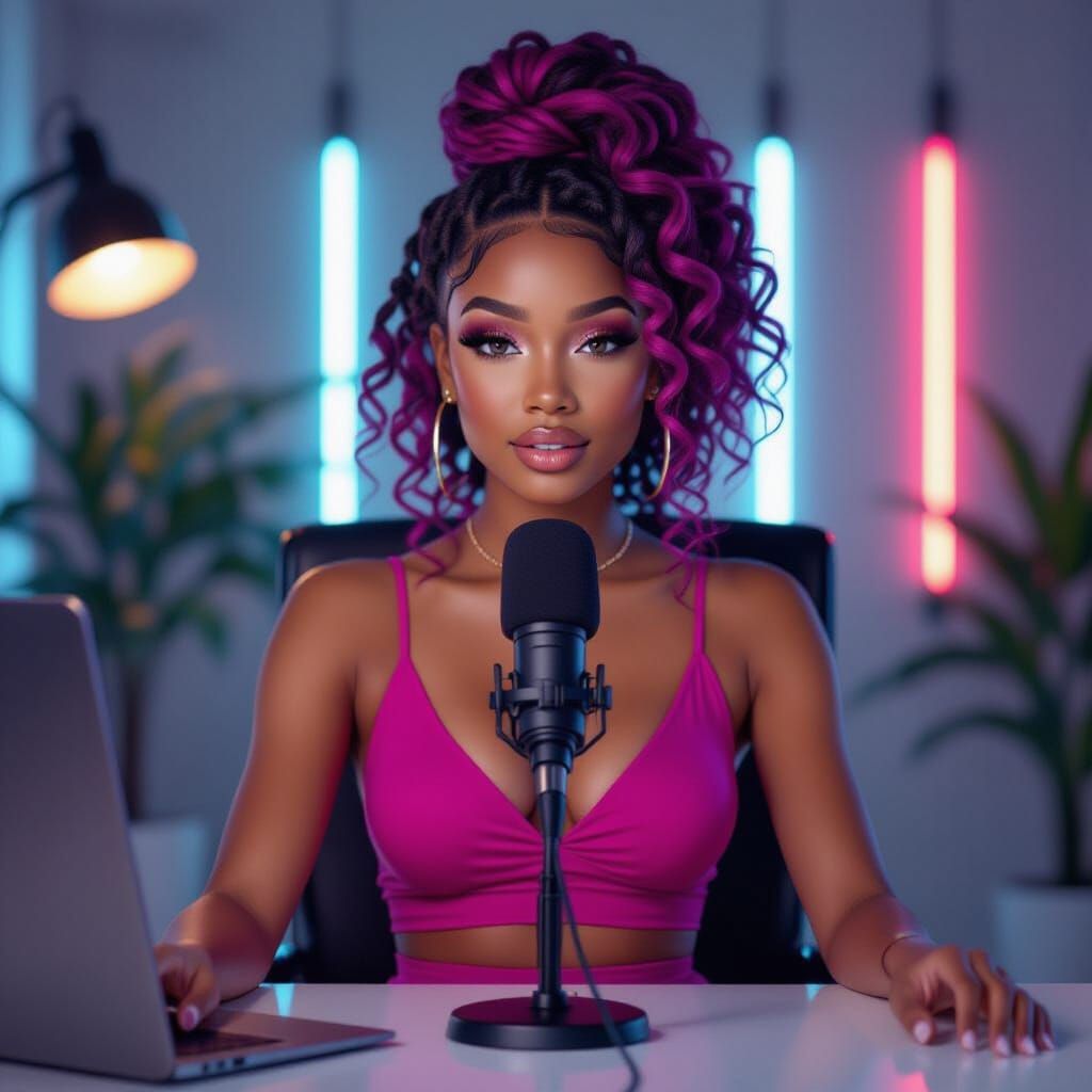 Elegant Black Woman at Podcast Desk