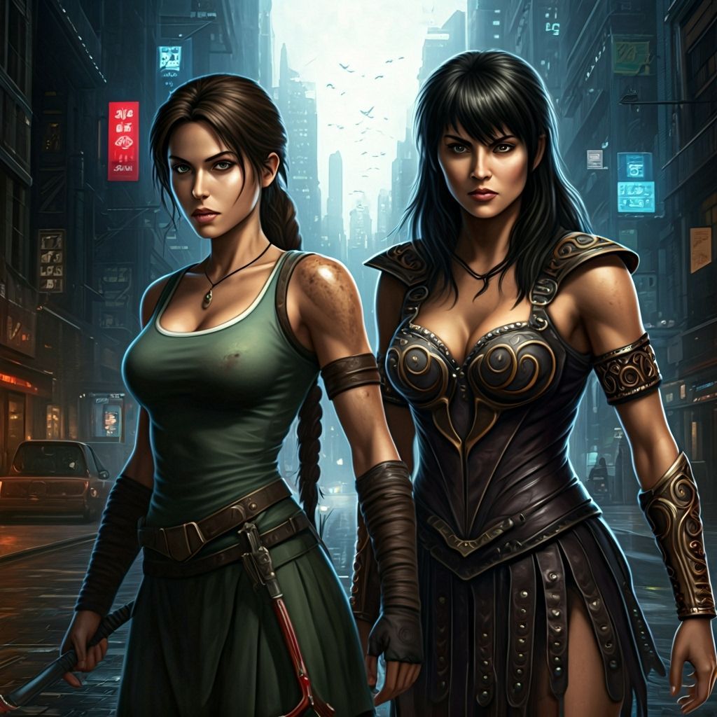 Xena and Lara Croft in Modern City