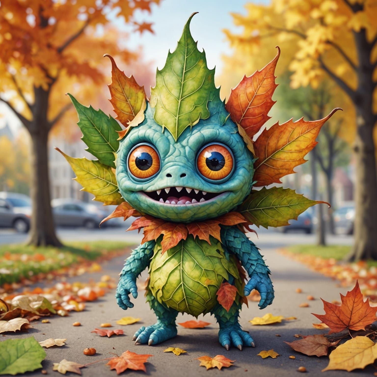 Cute Autumn Leaf Monster in Watercolor Style
