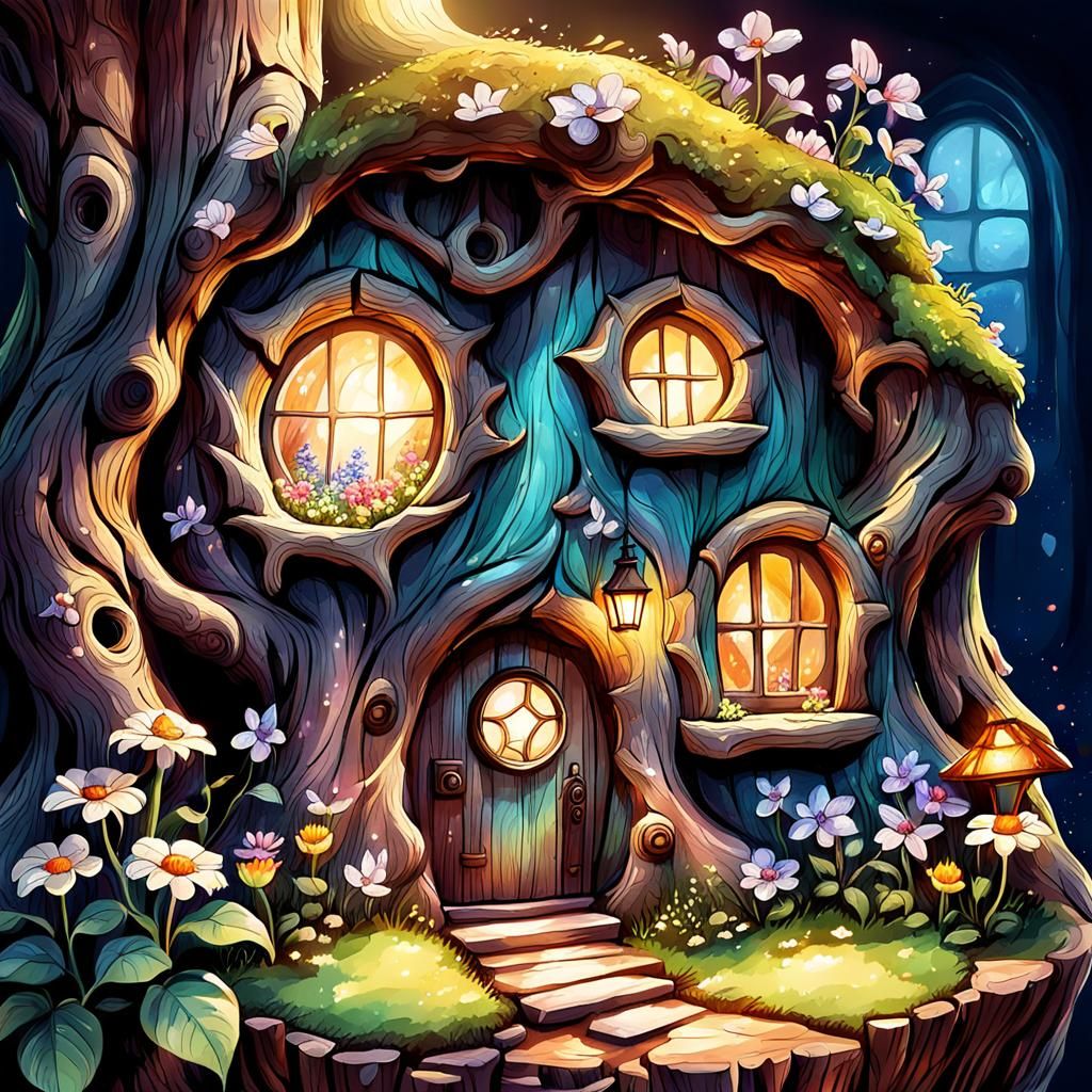 Charming Fairy-Tale House in Hollow Tree, Digital Watercolor
