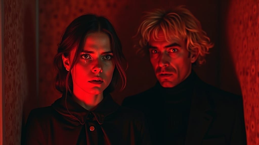 Distressed Woman and Man in Gothic Horror Style