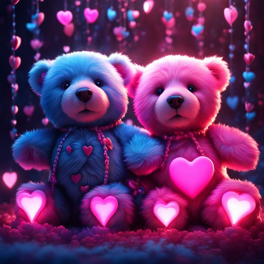 Pink and Blue Teddy Bears with Hearts