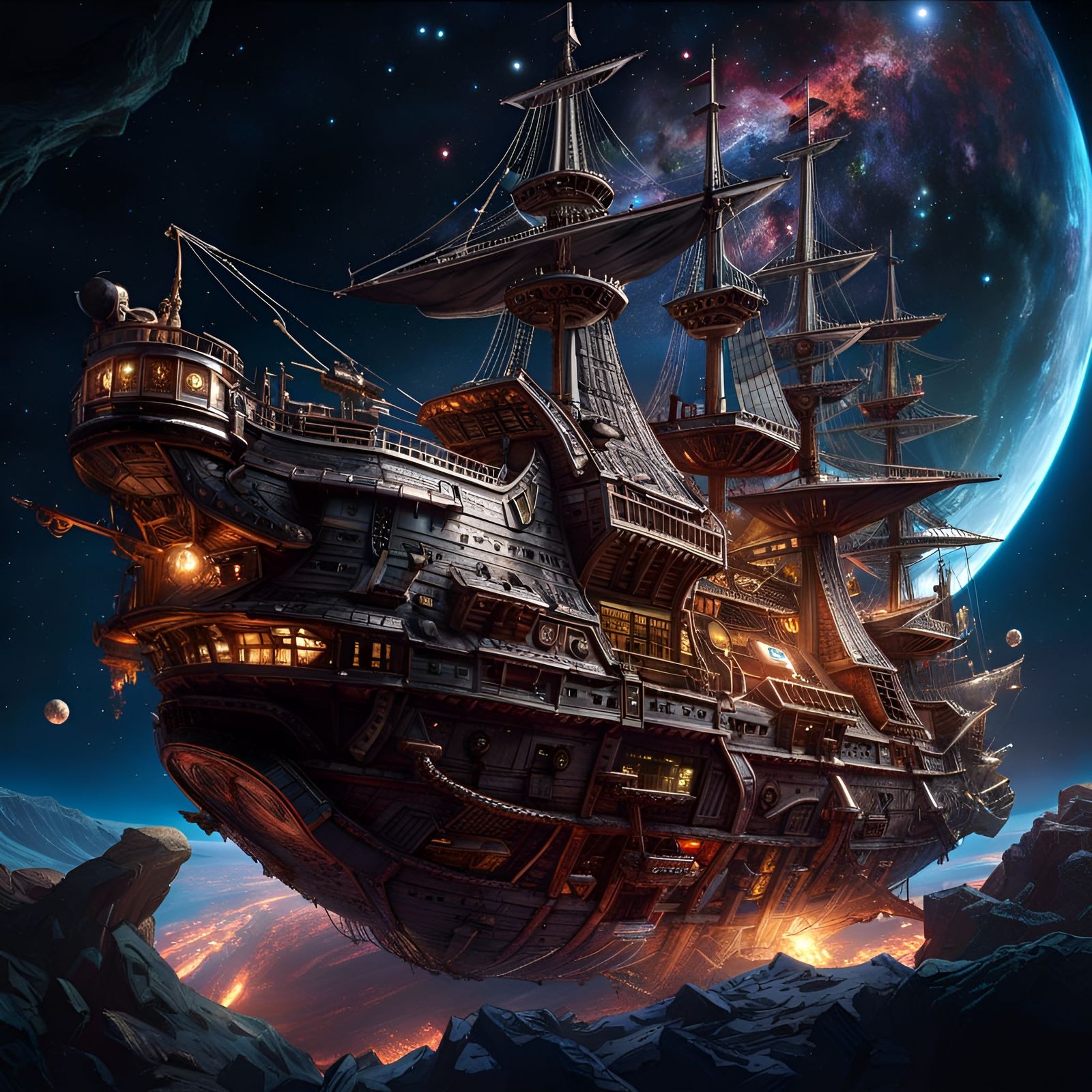 Epic Pirate Ship Floating in Space: Digital Illustration