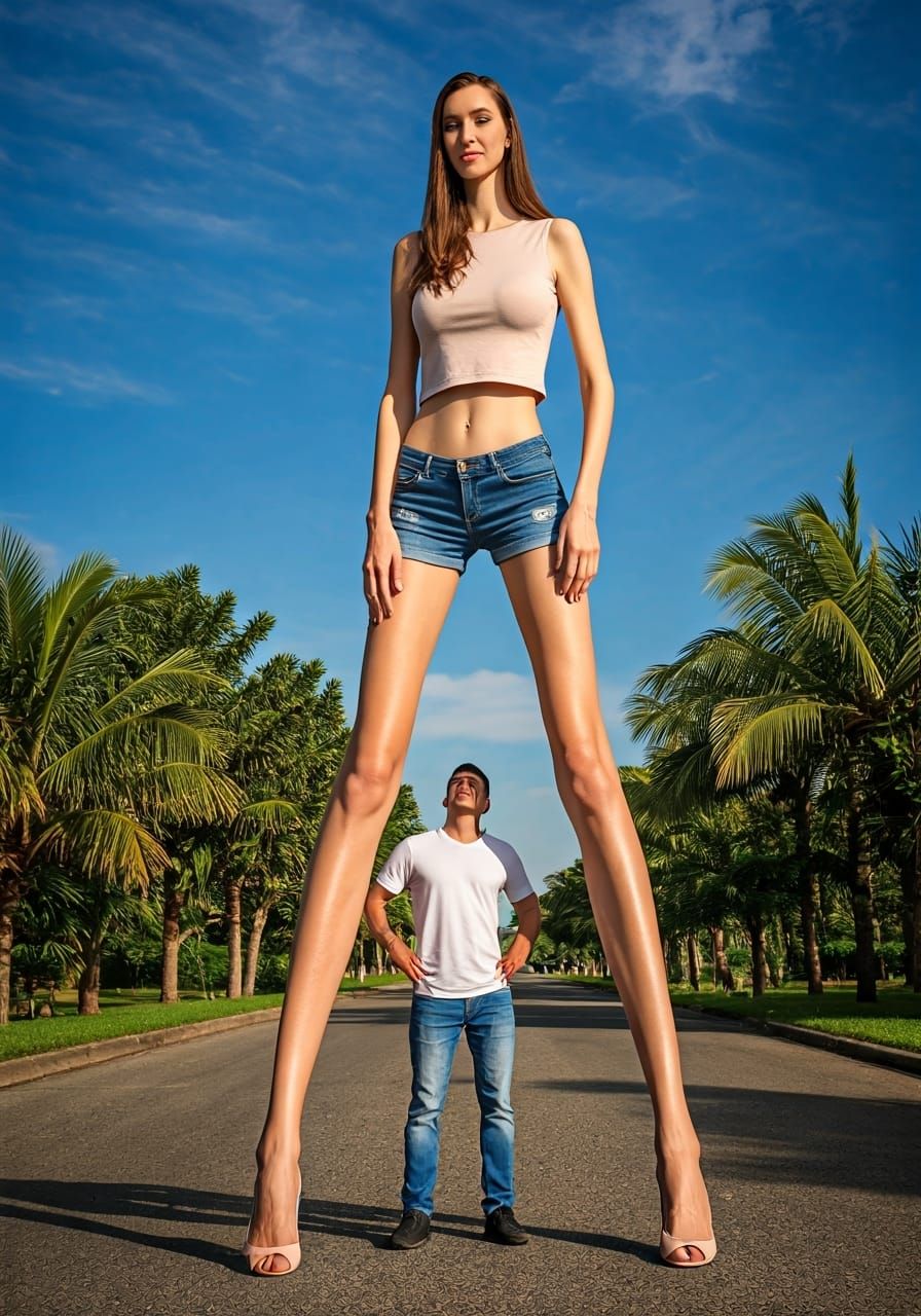 Extremely Tall Woman with Man at Her Hips