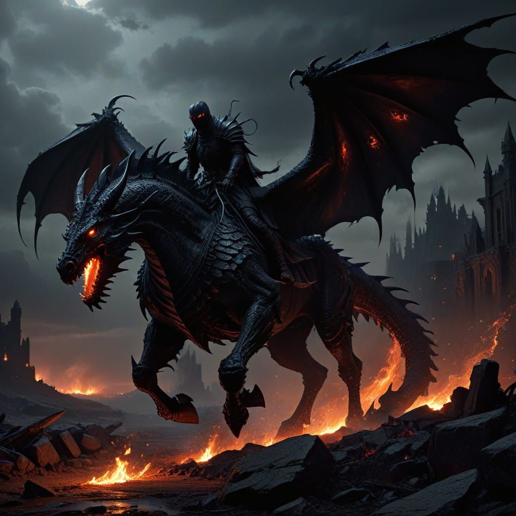 Dark Fantasy Nightmare Horse Dragon Rider in Dystopian Lands...