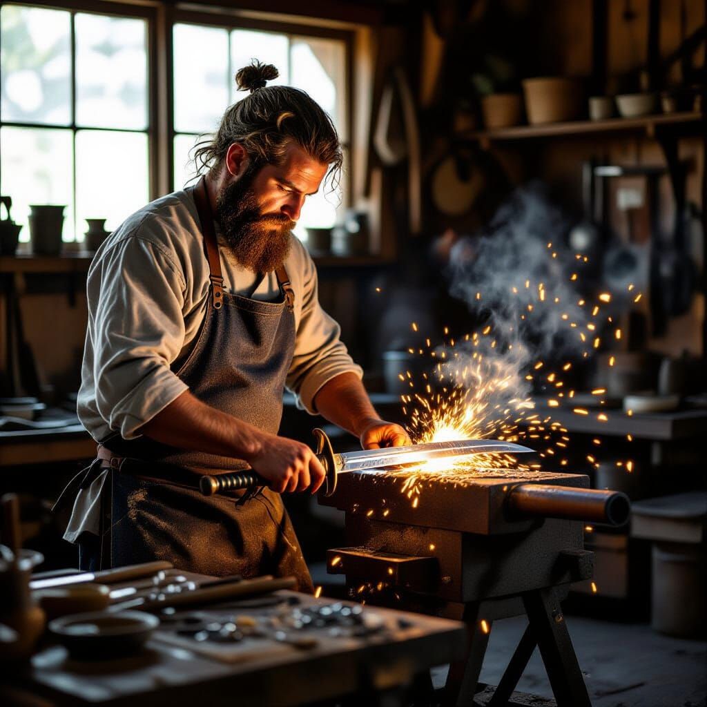 Master Swordsmith Forging Blades in a Traditional Workshop