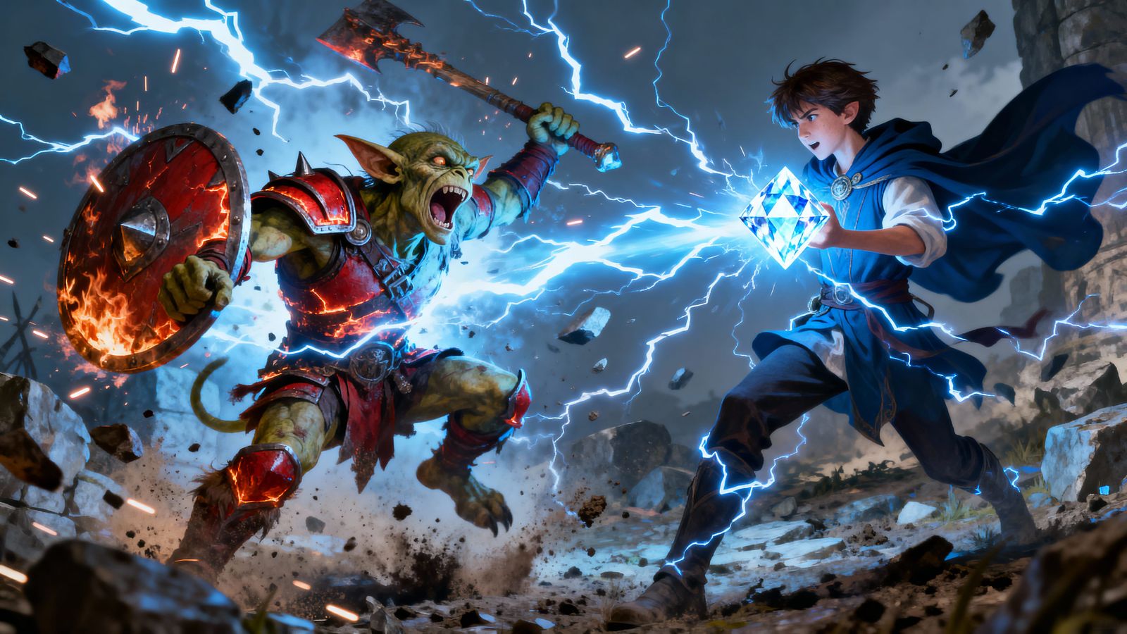 Sorcerer Hurls Lightning Orb at Goblin Warrior