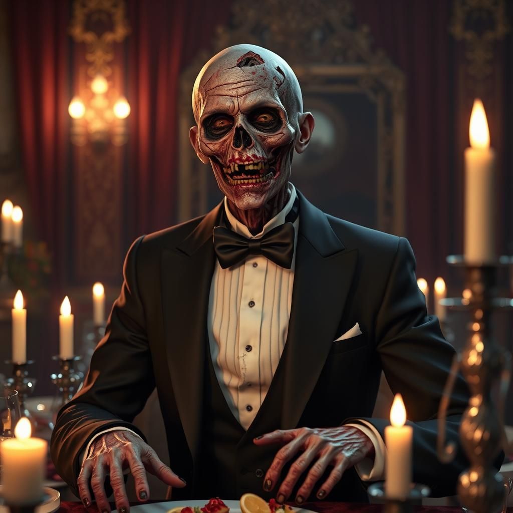 Zombie in Tuxedo at Dimly Lit Dinner Party