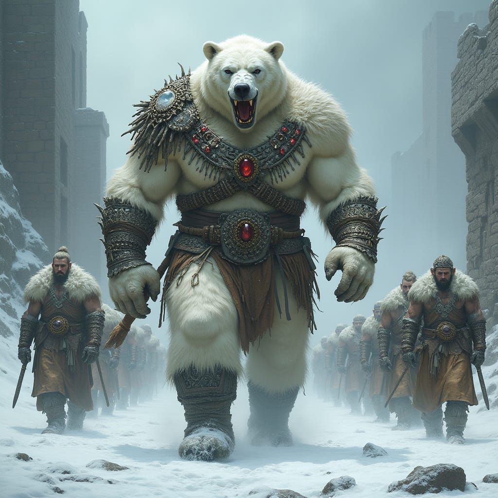 Cyberpunk Polar Bear Warrior Marches Through Ancient Fortres...